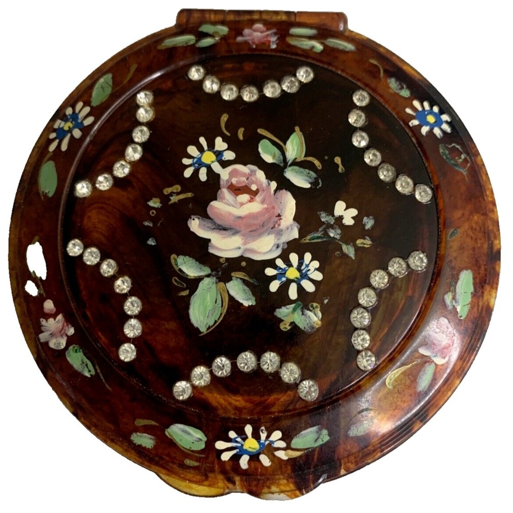 Lucite Mirrored Compact Case Vtg Mavco Rhinestone Hand-Painted Floral Tortoise